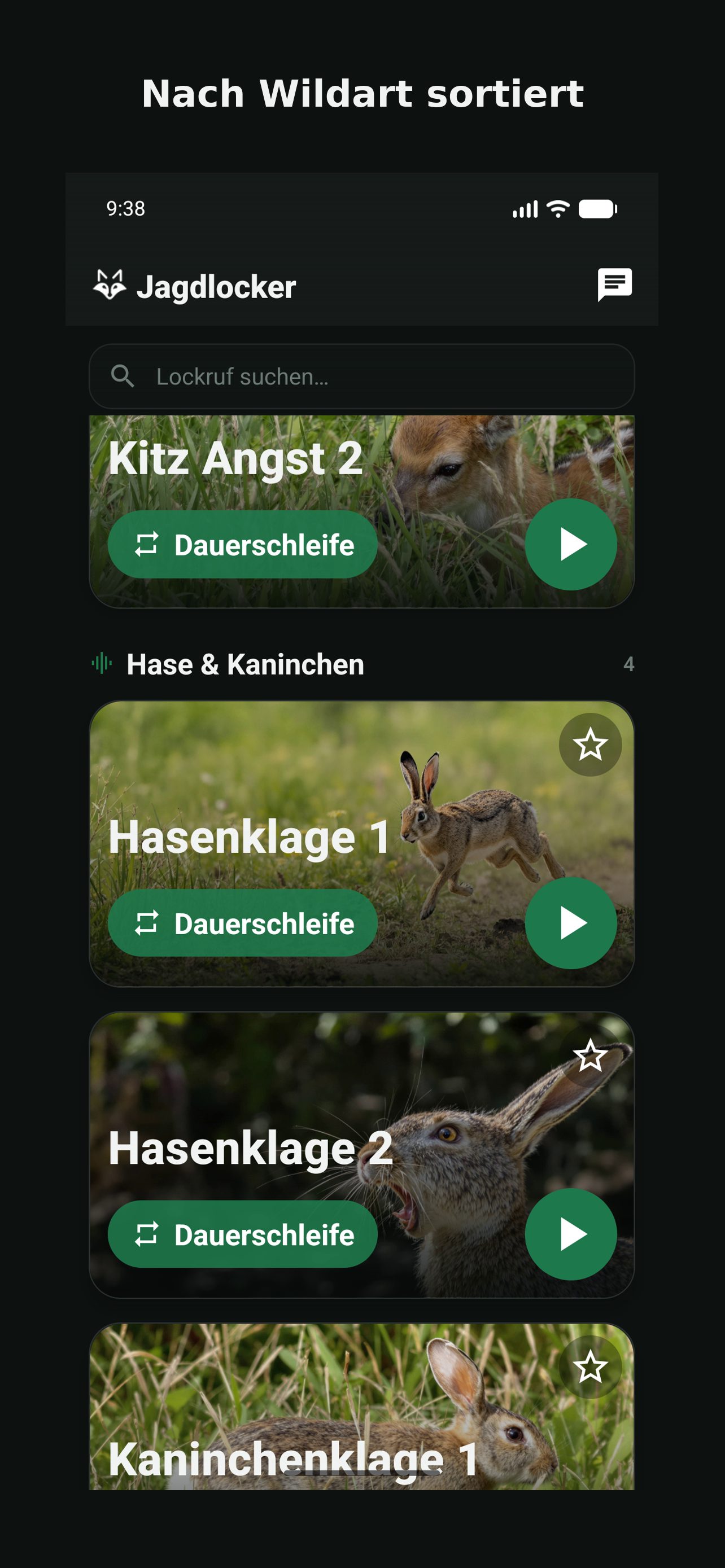 Jagdlocker App – Lockrufe nach Wildart sortiert
