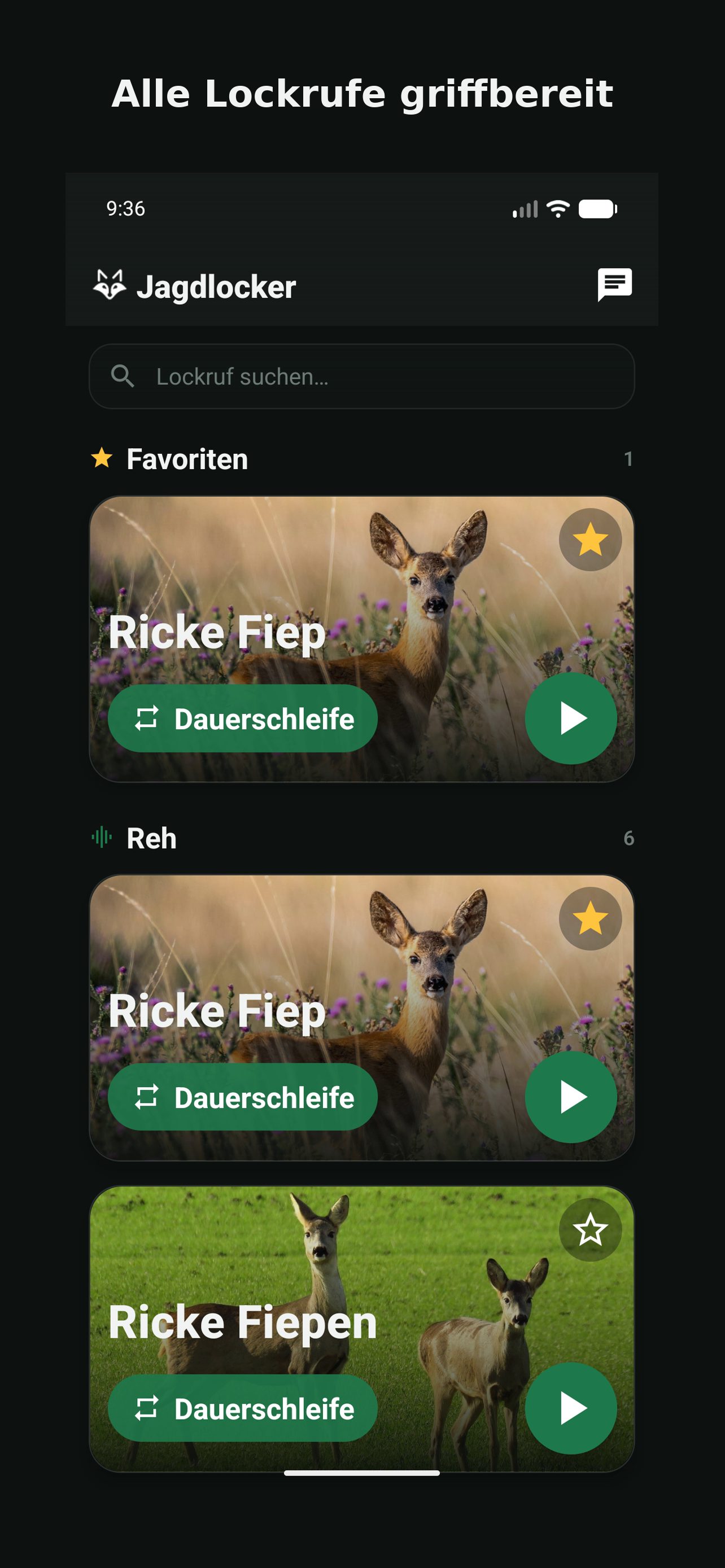 Jagdlocker App – Startbildschirm im dunklen Design